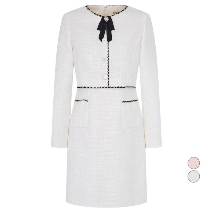 케네스레이디 여성용 라인 배색 리본 브로치 원피스