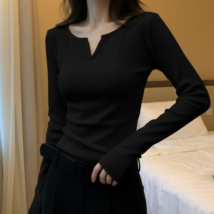 마켓피아 여성용 V넥 슬림핏 롱슬리브 티셔츠