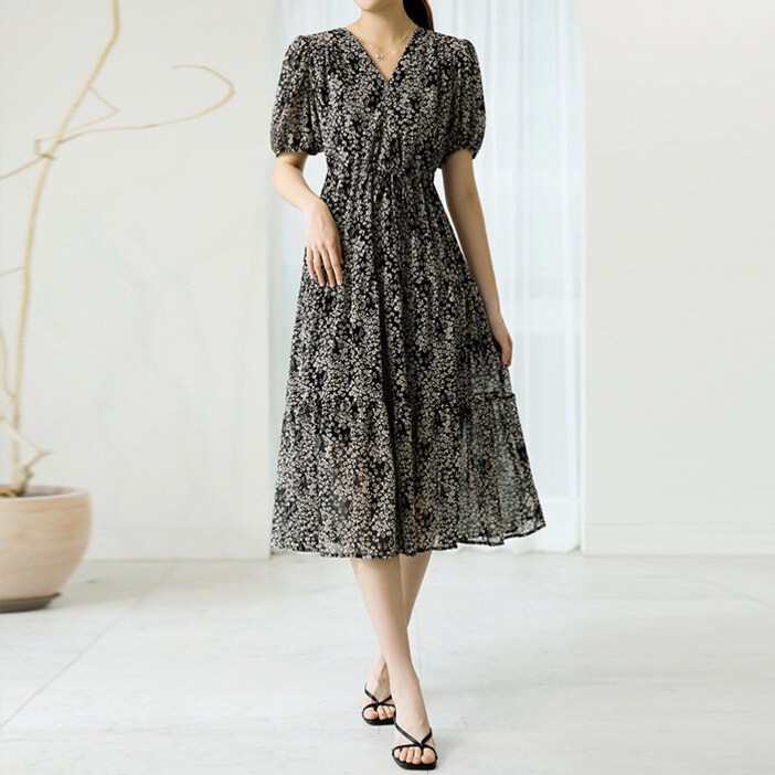 스타일온미 스타일온미  메릴 플라워 허리 스트링 캉캉 A라인 플레어 롱 쉬폰 원피스