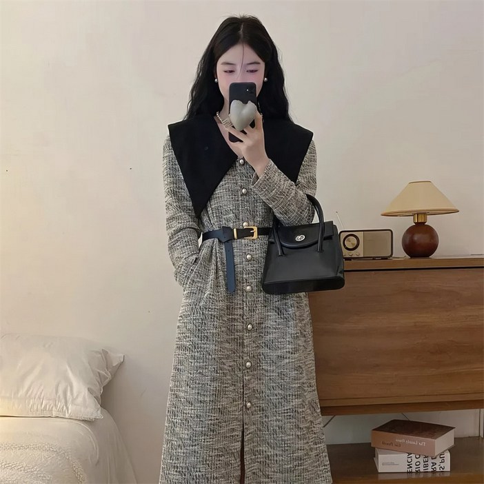 Vezri 여성 봄 가을 한복 스타일 버튼 장식 큰 칼라 벨트 혼방 원피스 W66