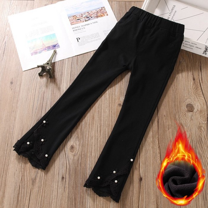 JS3642 여아 키즈 주니어 겨울 고퀄 데님 청 기모안감 나팔바지 진주레이스장식 팬츠 긴바지 보온 방한 캐주얼 데일리 아동복