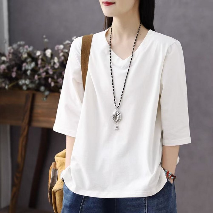 제이엠지아 100순면 여성 7부소매  빅사이즈 오버핏 심플 브이넥 반팔티