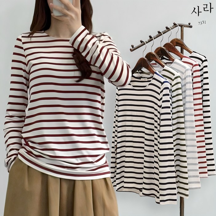 사라7351 찰랑보들 실켓스판 기본핏 스트라이프 티셔츠5컬러