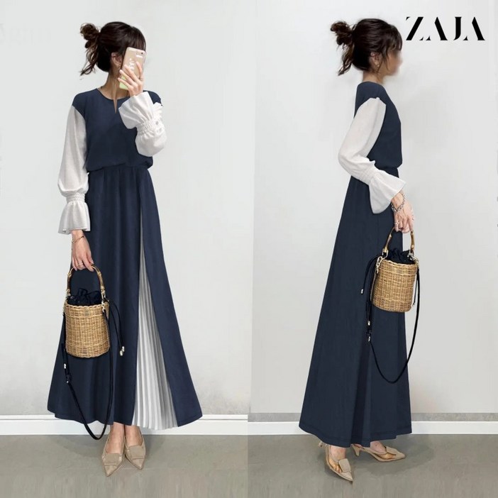 ZAJA 여성 a라인 롱 원피스 봄 긴팔 패치워크 캐주얼 패션