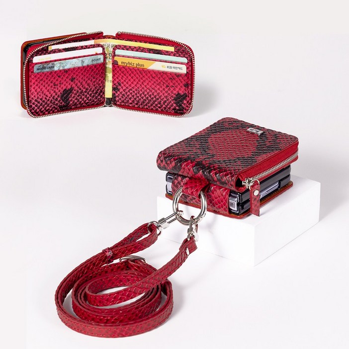 본아띠 DOLCE 천연소가죽 아나콘다 지갑형 지퍼 힌지보호 갤럭시 Z플립6 케이스