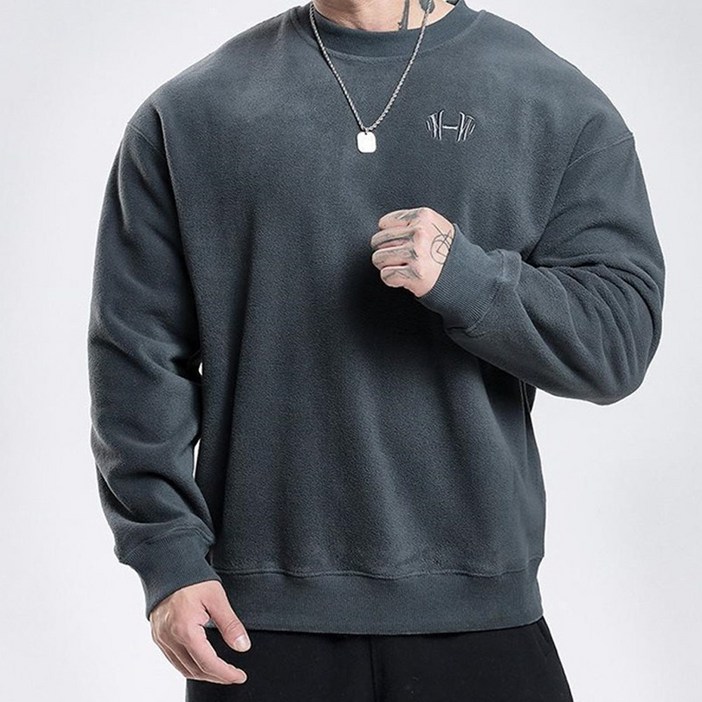 머슬핏 오버핏 몸이 좋아 보이는 맨투맨 기모 폴리스 라운드넥 오버핏