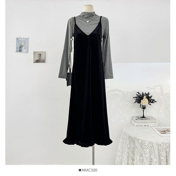 벨벳 뷔스티에 롱원피스 세트 여성 가을 겨울 도트 그레이 반목 이너티셔츠 레이어드 코디세트