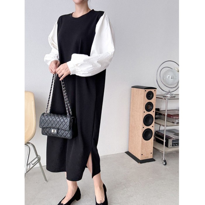 마이쏭 여성 빅사이즈 루즈핏 셀로롤소매배색롱원피스