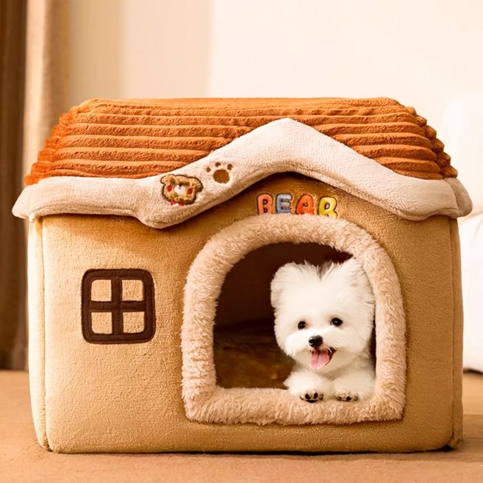 코팅블루 부드러운 논슬립 극세사 강아지집+쿠션 세트, 브라운, 1개