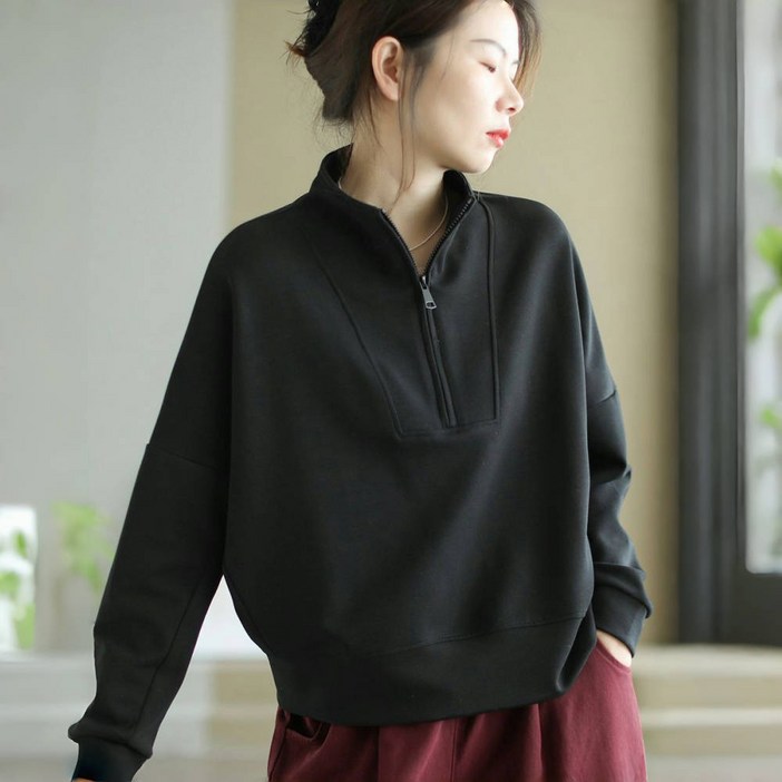 ROYALBELLE 여성 하프집업 스탠드넥 루즈핏 캐주얼 오버사이즈 티셔츠 Y0101609