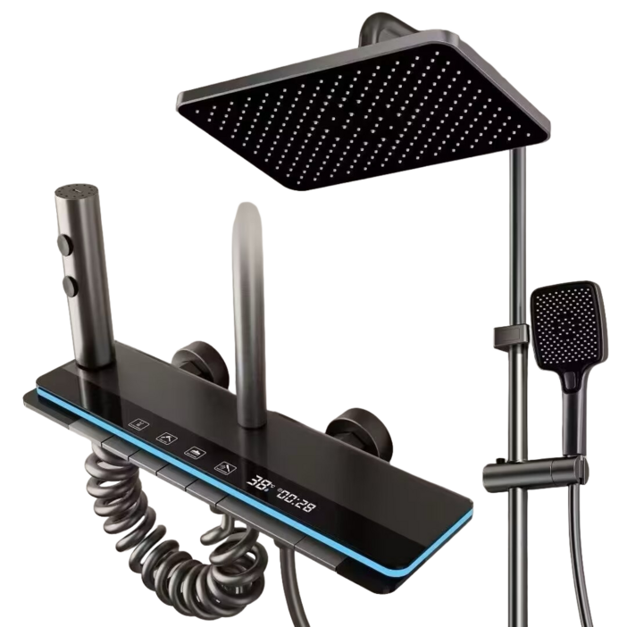 해바라기 샤워기 세트 4단 조절 LED 온도 표시 지능 항온 수압상승 샤워 헤드 세트연장봉, 회색, 1개