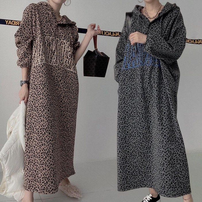 ROYALBELLE 여성 빅사이즈 루즈핏 레오파드 프린트 캐주얼 긴팔 후드 맨투맨 롱 원피스 D01012815