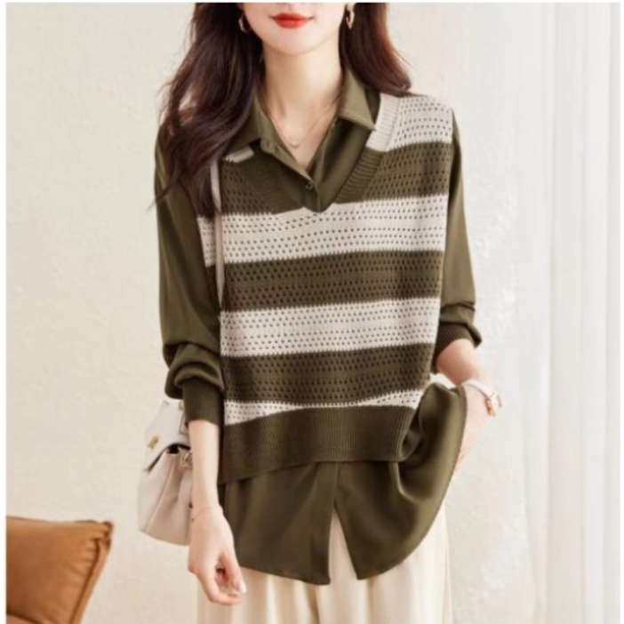 딜마켓 내랑상의  여성 스트라이프 긴팔 이중 카라 티셔츠 상의