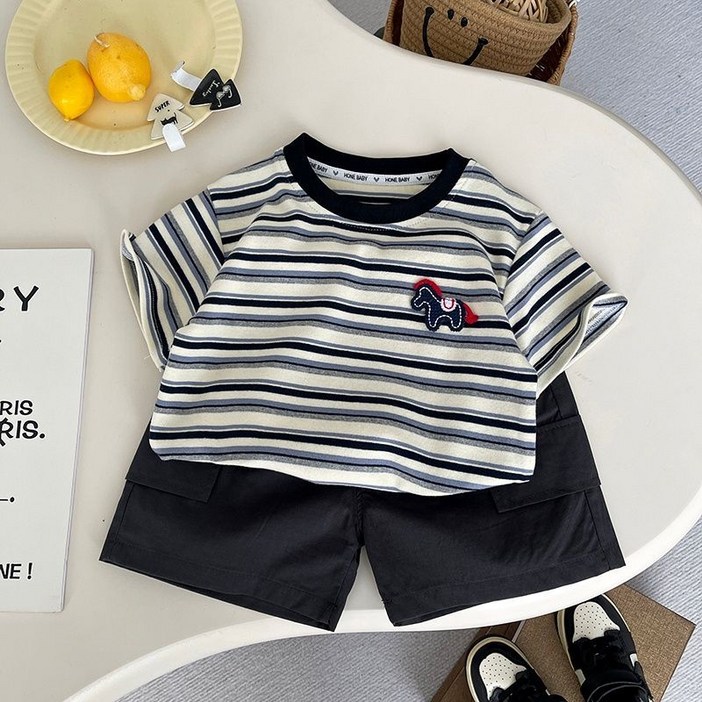키즈송이 남아 줄무늬 반팔 반바지 2종 세트복 키즈 여름 반팔 아동 세트복