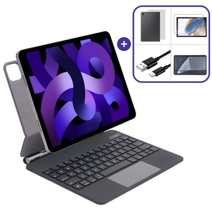 아이패드 에어4세대 5세대 11인치 호환 매직 키보드 케이스+강화유리1매+후면필름1매, 블랙, 1개