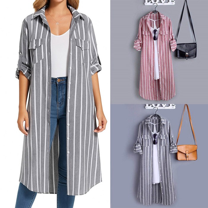 한그래 롱 셔츠원피스 가을 오피스룩 랩 레이어드 핑크 긴팔 스트라이프
