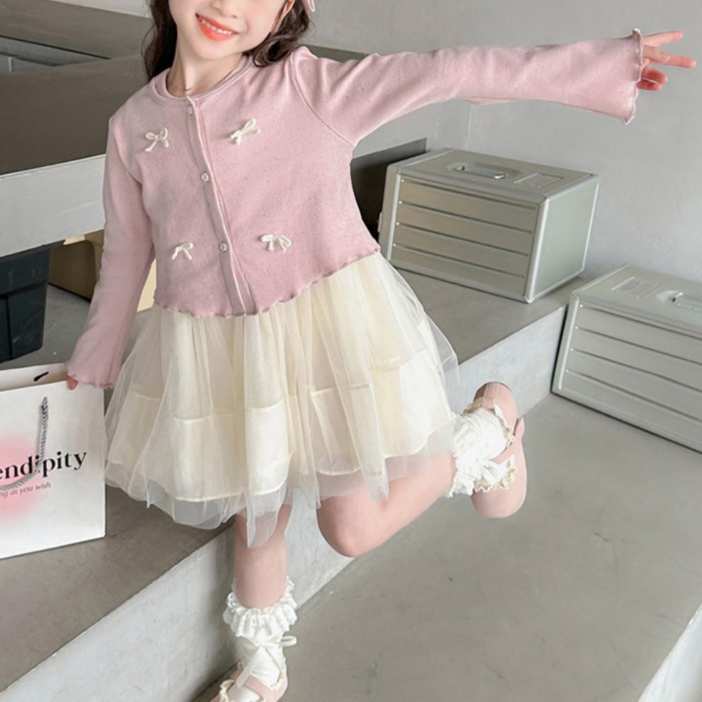 [떼아베베] 3-7세 여아 원피스 가디건 리본 핑크 레이스 쉬폰 나시 민소매 셔링 원피스 상하세트 키즈 아기 데일리 나들이 행사 소풍 등원룩 아동복