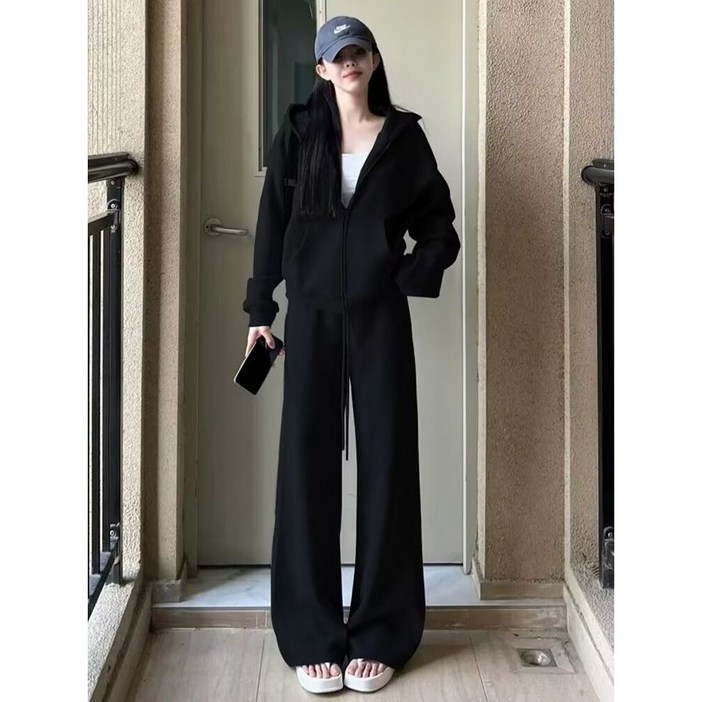 ANYOU 여성 포켓 후드티 루즈핏 맨투맨 트레이닝복 상하 세트