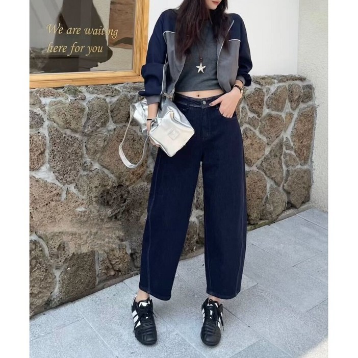 지티세븐 여성용 포켓 브이포인트 배기 와이드핏 스판 데님 청바지