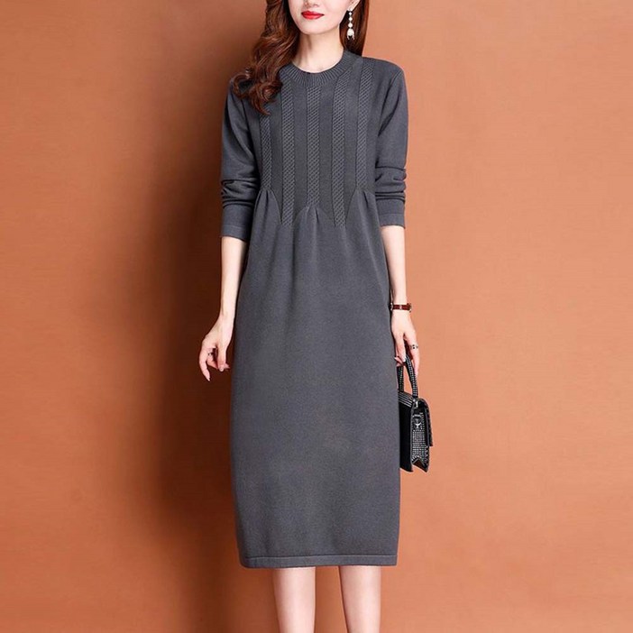 besteffie 여성 패션 가을 겨울 긴팔 니트 원피스 고급스러운 디자인 오피스룩 캐주얼 데일리 라운드넥 원피스 V55