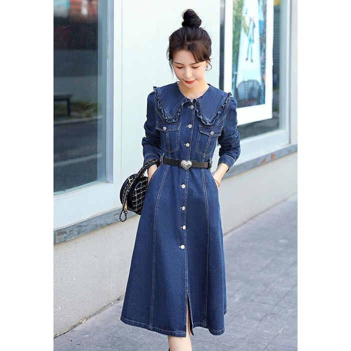 SAHINER 여성 데님 롱 셔츠 원피스 버튼 허리벨트 봄가을 BQZ48