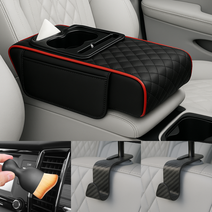 아이셀로 차량용 콘솔 박스 쿠션 수납함 컵홀더, 1개, 레드블랙