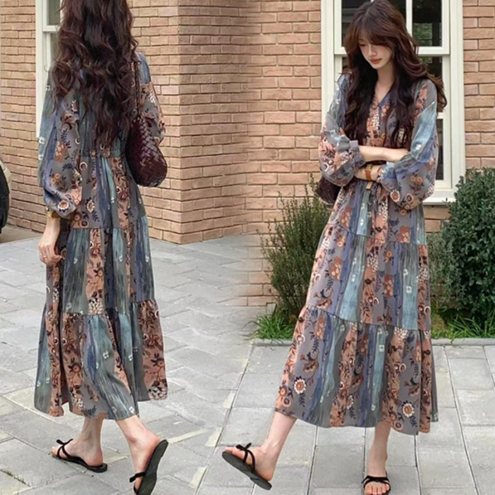 NewCare 여성 브이넥 끈 긴팔 쉬폰 롱 원피스 패턴 하객룩 휴양지룩 봄 가을