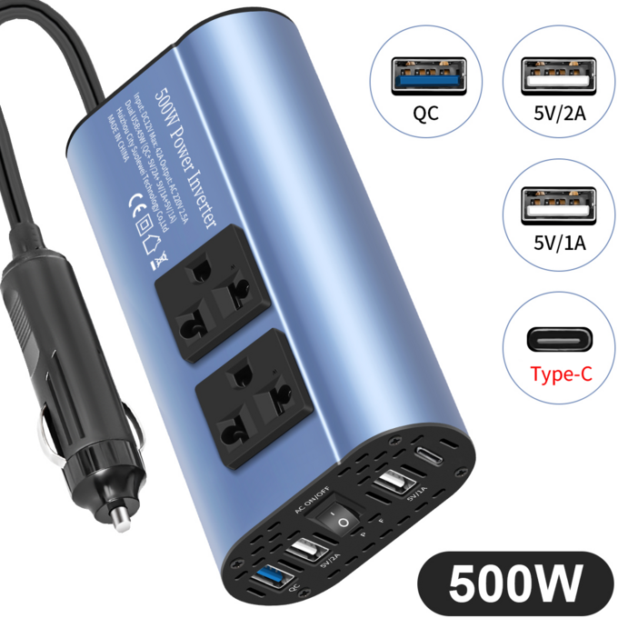 차량용 500W 인버터 새로운 Type-C 인터페이스  QC 초고속 컨버터 USB 멀티 충전구 12V 220V 60HZ