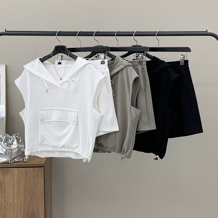 행복여 푸오 포켓 스트링 후드 베스트 밴딩 반바지 세트