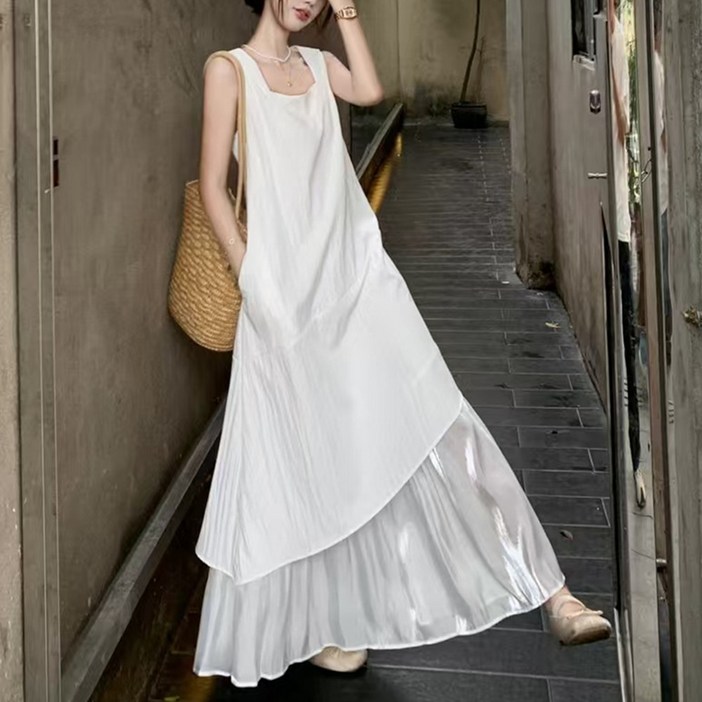 홍언목요 여성원피스 롱원피스 여름 언밸런스 레이어드 민소매 원피스