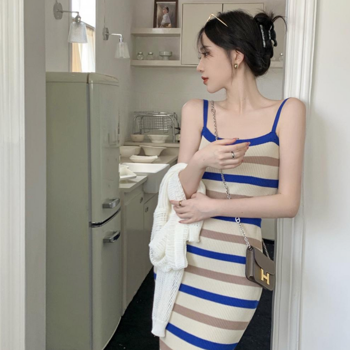 LOERM 스트라이프 롱 플리츠 하객 룩 여성 여자 결혼식 2부 원피스 가을 겨울 하객룩 키작녀 쇼핑몰 예쁜 레이스 끈나시 화이트 골지 원피스