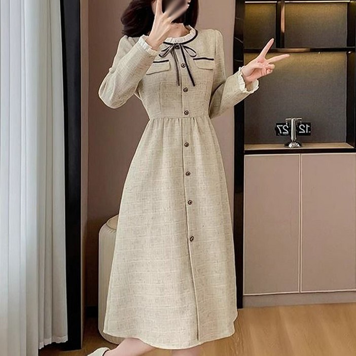 봄가을 클래식 트위드 정장원피스 프릴 라운드넥 긴팔 하객원피스 허리조임 a라인 미디 롱 스커트 여성 결혼식원피스