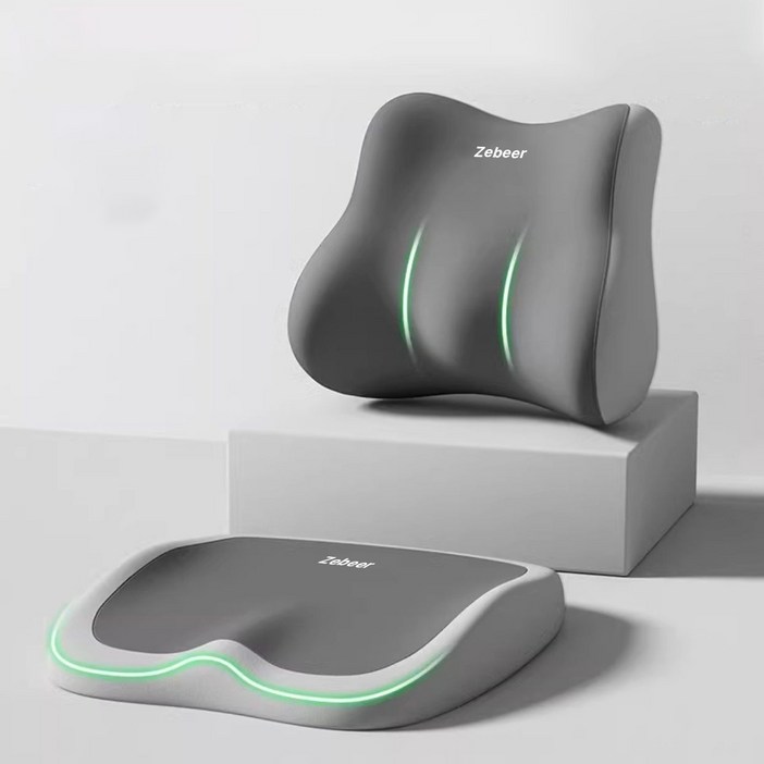 Zebeer 고급 방석쿠션 등받이 메모리폼 키높이 차량용 사무용 허리쿠션+방석 세트, 진회색+연회색 배색