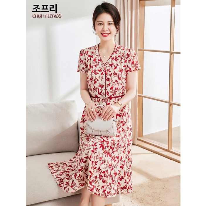 누베스 여름 신상 중년 여성 원피스 | 시원한 반팔 원피스 단정하고 우아한 스타일