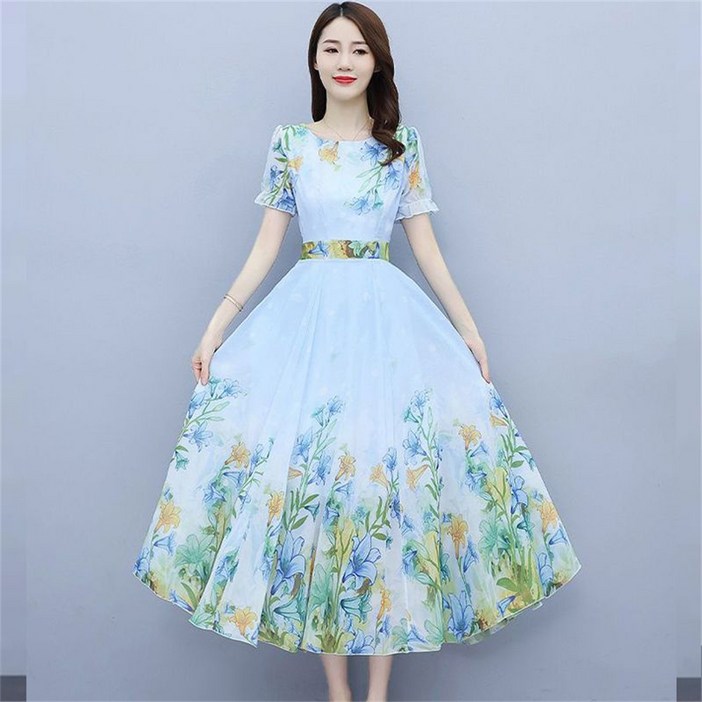 besteffie 여성 여름 플라워 프린트 A라인 드레스 쉬폰 원피스 짧은 소매 고급스러운 스타일 K82