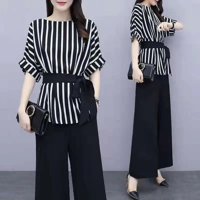 AOKADA 여성 스트라이프 반팔 셔츠 와이드 스커트 팬츠 정장 슈트 투피스 셋업 여름 상하의 세트