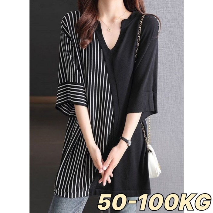 UNIQUEZON 중년여성 오버핏 브이넥 반팔 티셔츠 여름 스트라이프 배색 롱티 엄마옷 빅사이즈 40대50대60대