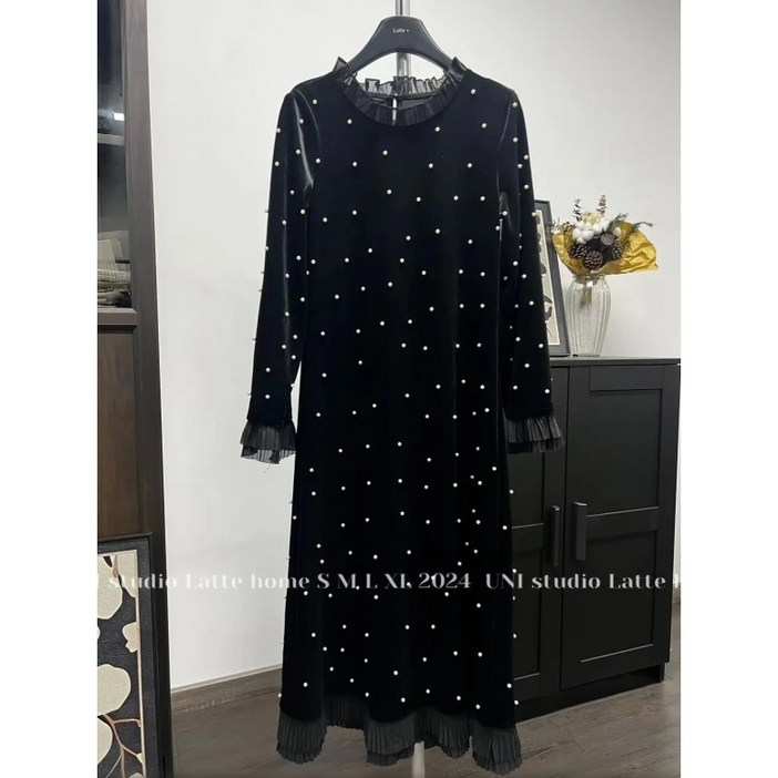 그루밍 (grooming) 여성 겨울 가을 봄 벨벳 진주 빅사이즈 롱 원피스