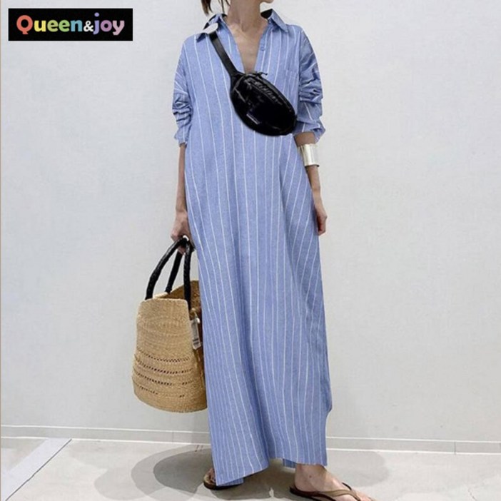 퀸앤조이 스트라이프 홀릭 반셔츠 맥시 롱원피스판매자 SSK무역