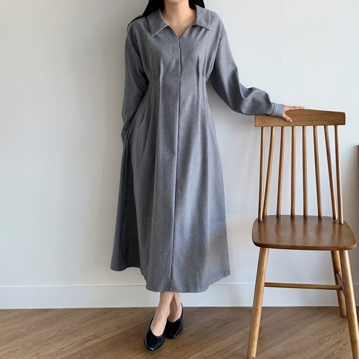 더한땀 빅사이즈 핀턱 밴딩 카라 원피스 하객룩