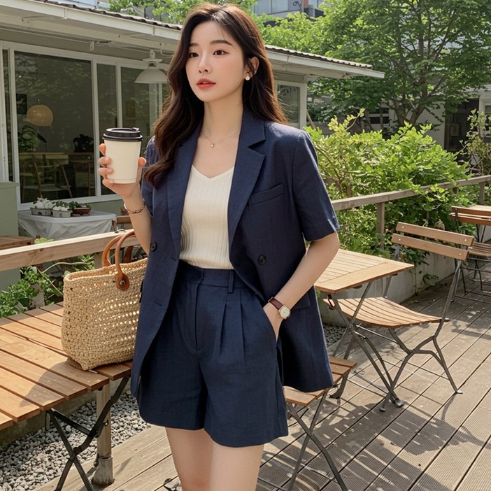 set 린넨 여성 투피스 반팔 더블 버튼 자켓 반바지 세트 숏팬츠 셋업