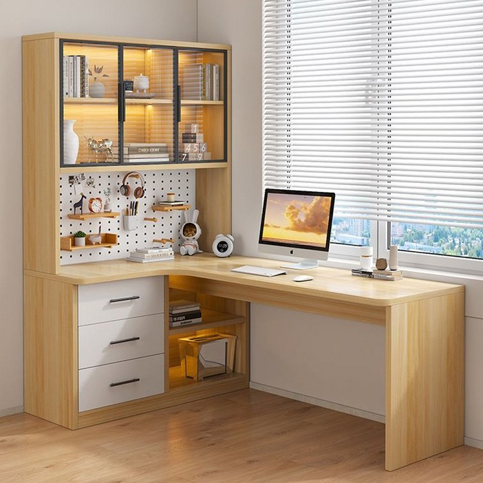 심플 코너형 일체형 컴퓨터책상 책상책장 세트 홈오피스 서재 인테리어 가구, 원목색왼쪽 책장