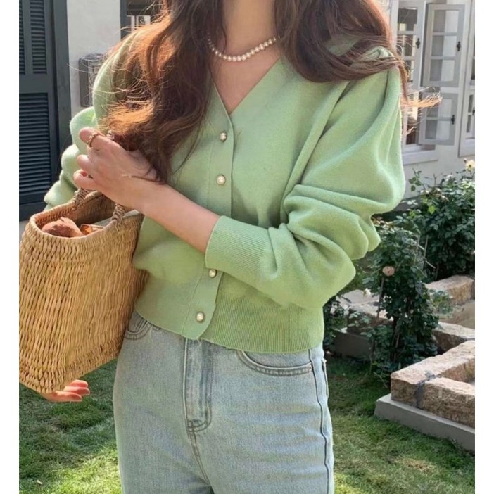 라미르 가을 브이넥 진주버튼 퍼프 브이넥 간절기 파스텔 루즈핏 가디건(6color)