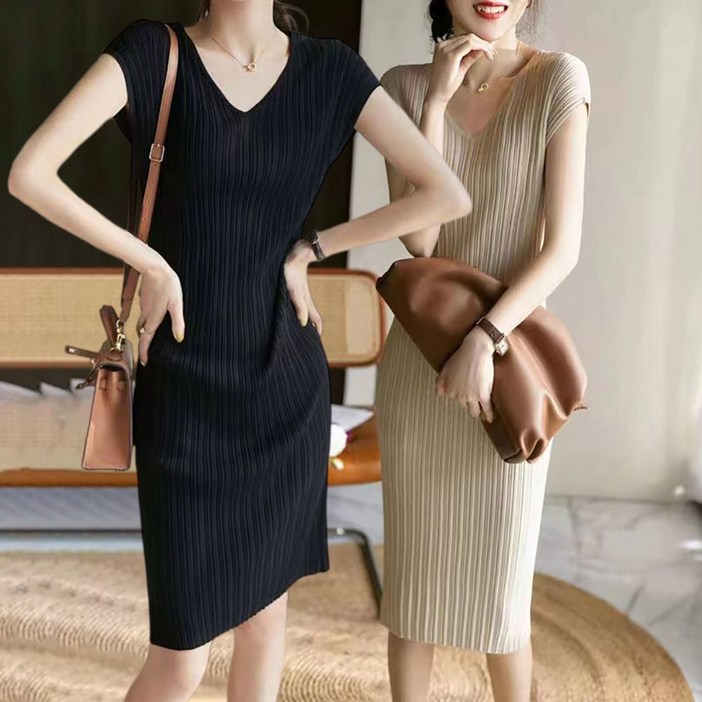 ROYALBELLE 여성 브이넥 골지 플리츠 슬림핏 반팔 신축성 캐주얼 미디 기장 원피스 M01030414