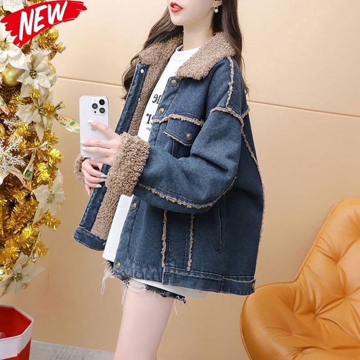 YLEMI 겨울 레저 기모 털 안감 데님 자켓 여성 루즈핏 보온 퍼카라 청자켓