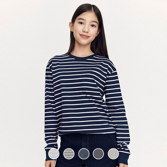 지오다노 주니어 03025912 헤비 코튼 스트라이프 긴팔 티셔츠