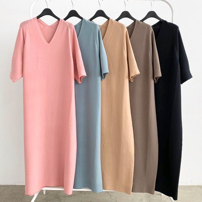 니트코어 여성 여름 시원한 루즈핏 빅사이즈 브이넥 머메이드 반팔 니트 원피스 드레스 하객룩 하객원피스 미시룩 등하원룩