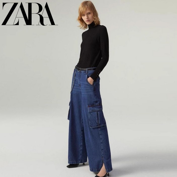 ZARA 여자 청바지 카고스타일 와이드 데님팬츠 밑트임 캐주얼 6164036 407