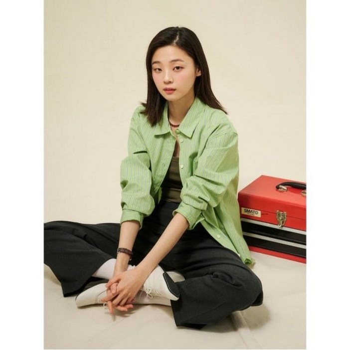 포플린 스트라이프 오버핏 셔츠 애플그린 (BF5264C02K)