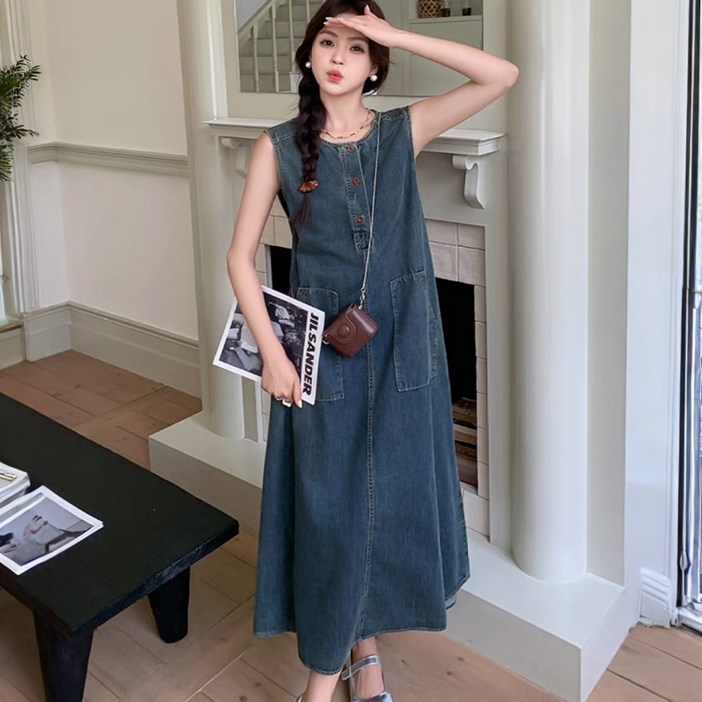 BIKASU 여성 여름 루즈핏 데님원피스 캐주얼 민소매원피스 청 롱원피스